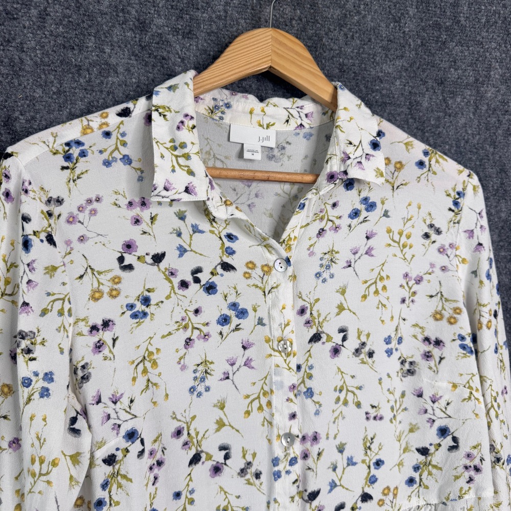 J. Jill Shirt  Women M White Floral Button‎ Down Wildflower Peplum Tunic Cottage